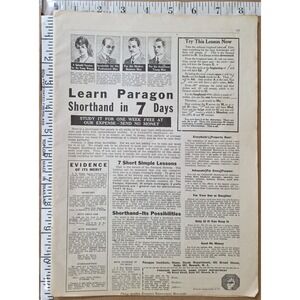 1919 Learn Paragon Shorthand in 7 Days Study Course Old Magazine Advertisement